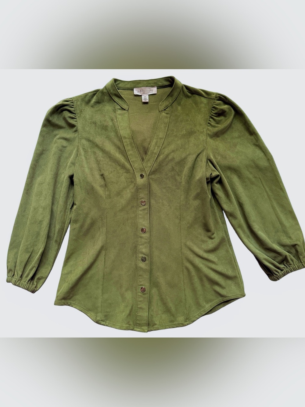 Philosophy Faux Suede Olive Green Snap Front V-Neck Top